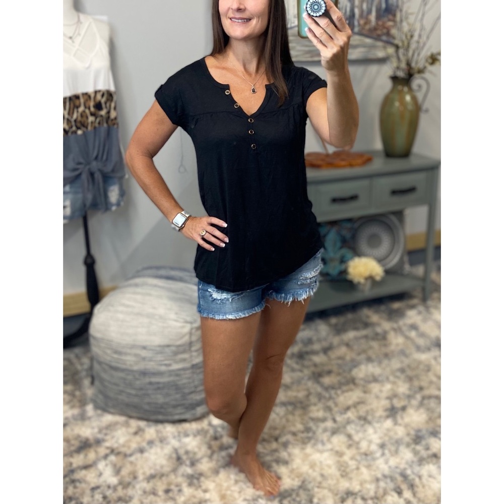 Melange Burnout Henley V-neck Floaty Short Cuffed Tabbed Sleeve Black 3221 - Picture 9 of 13